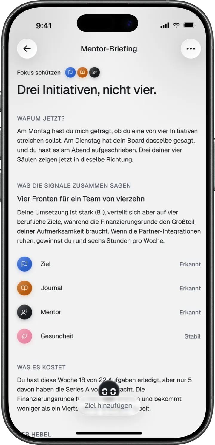 Mentor-Briefing mit dem Titel Drei Initiativen statt vier