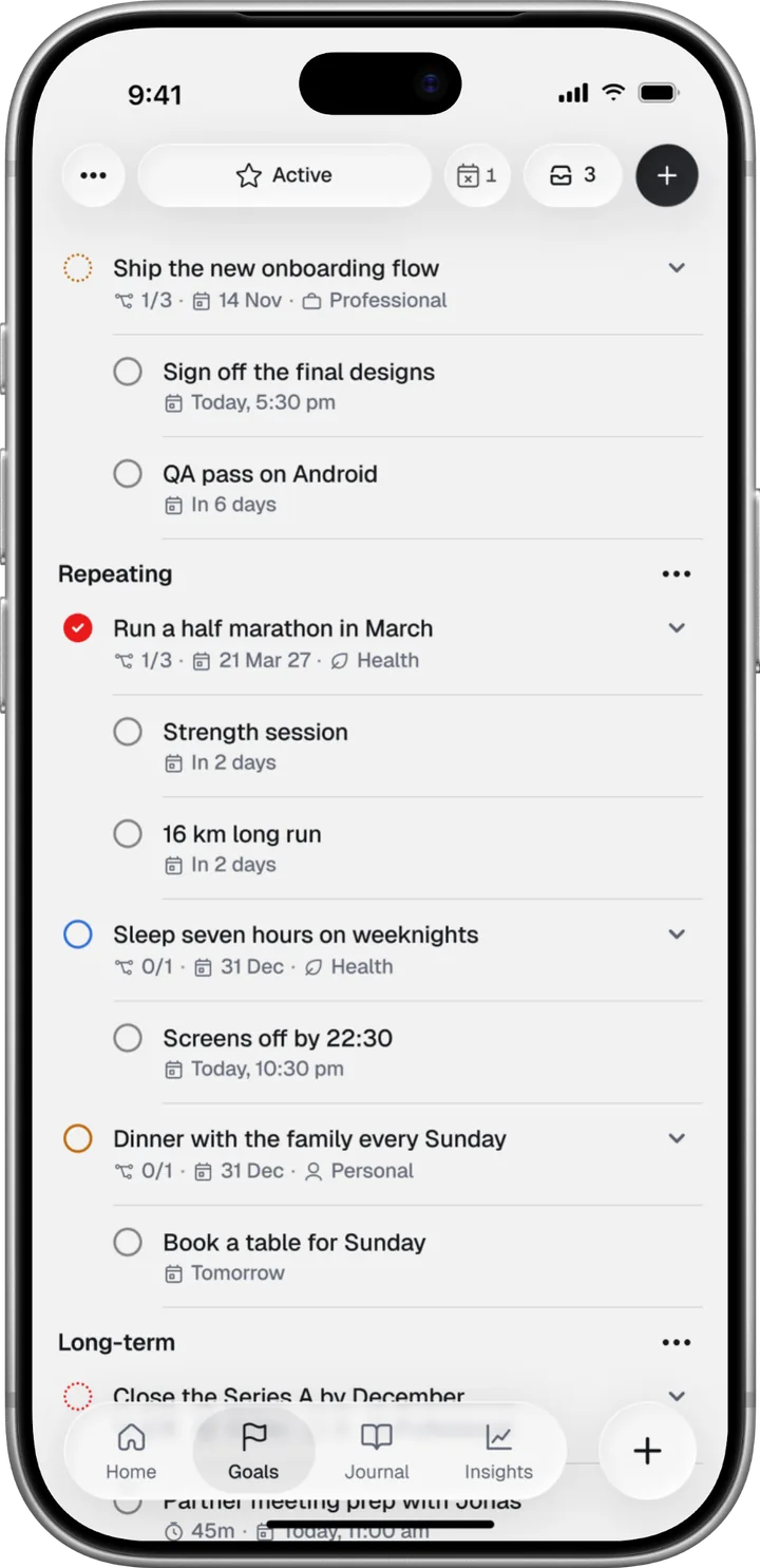 FocusPilot Goals list with goals, their tasks and due dates, grouped into repeating and long-term goals