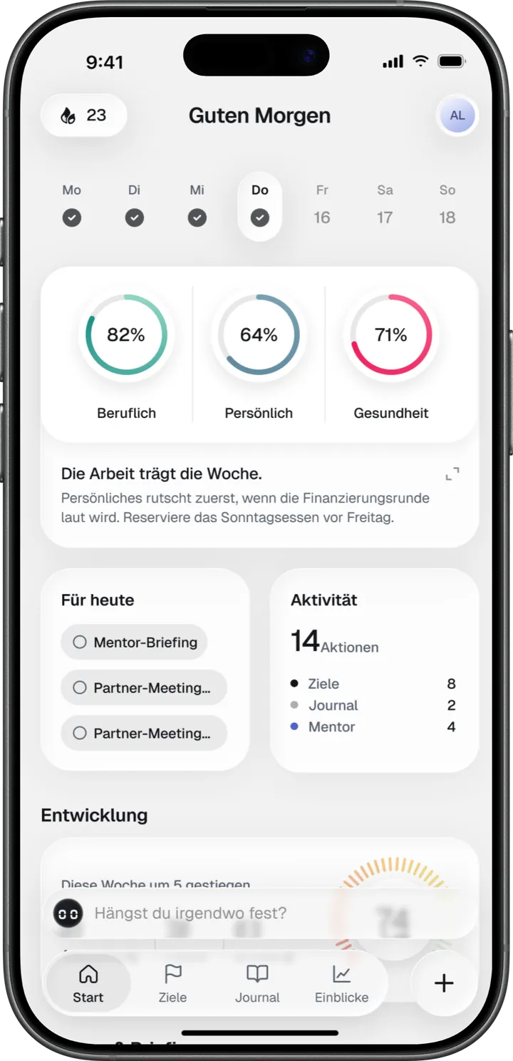 FocusPilot Home mit drei Zielringen, den Aufgaben für heute und der Aktivität