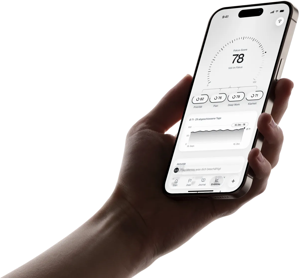 Eine Hand hält ein iPhone mit dem FocusPilot-Bildschirm Einblicke und einem Fokus-Score von 78