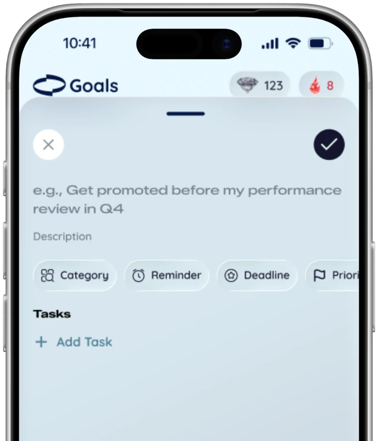The Goals screen: a new goal being created with category, reminder, deadline and priority, and a task list beneath it.