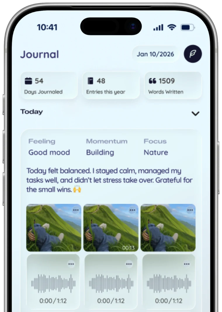 The Journal screen showing days journaled, entries this year and words written, with today&rsquo;s entry and its mood, momentum and focus readings.