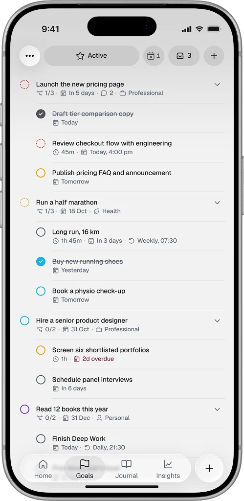 The Goals screen: active goals such as Launch the new pricing page and Run a half marathon, each with its steps, deadline and category.