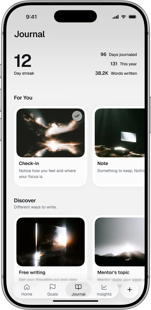 The Journal screen: a 12-day streak, days journaled and words written, and ways to write such as Check-in, Note, Free writing and Mentor&rsquo;s topic.