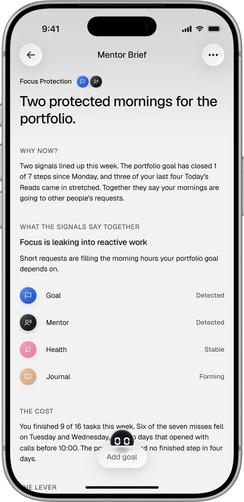 The Mentor Brief: two protected mornings for the portfolio, why now, and what the signals from goals, Mentor, health and journal say together.