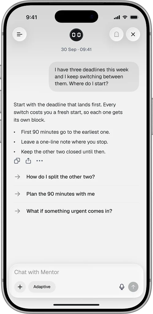 AI Mentor Chat: a question about juggling three deadlines, the Mentor&rsquo;s answer on where to start, and suggested follow-ups.